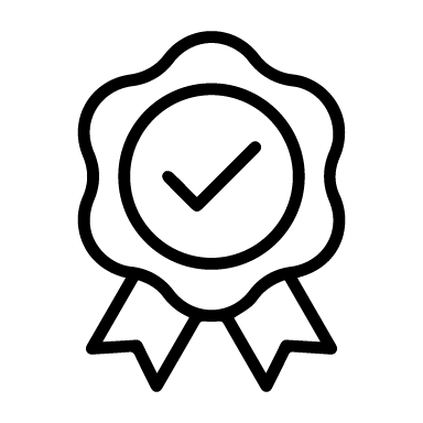 Black and white icon of a ribbon with a check mark inside a circular border.