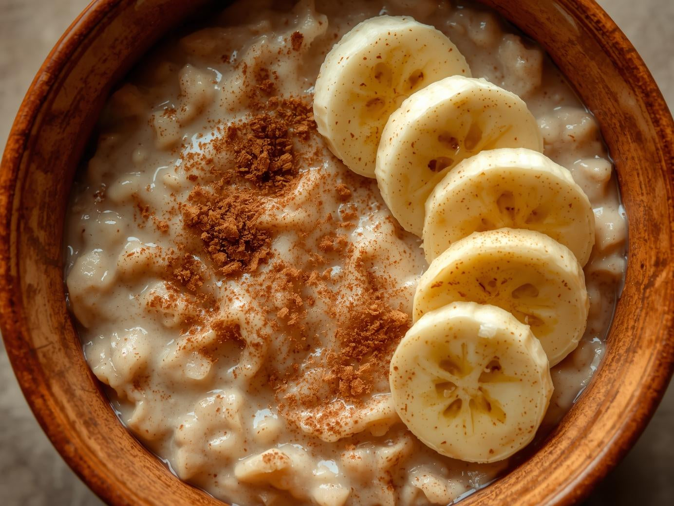 Bowled oatmeal with sliced bananas and cinnamon on a wooden surface