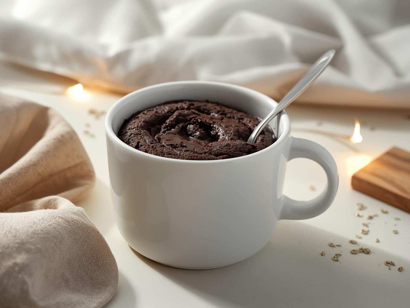 White mug filled with chocolate dessert on a light surface with soft lighting