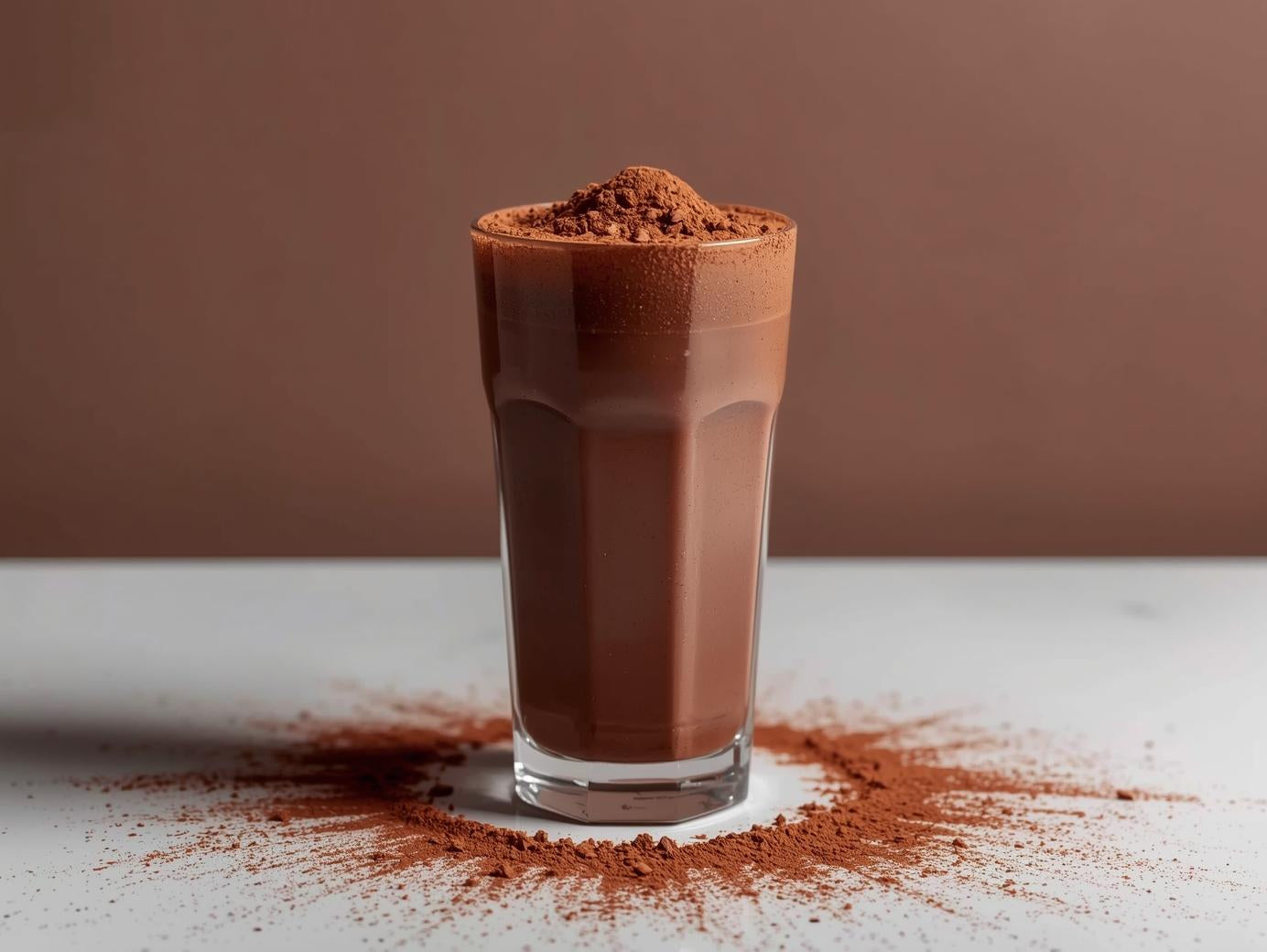 Chocolate drink in a glass with cocoa powder on a brown background