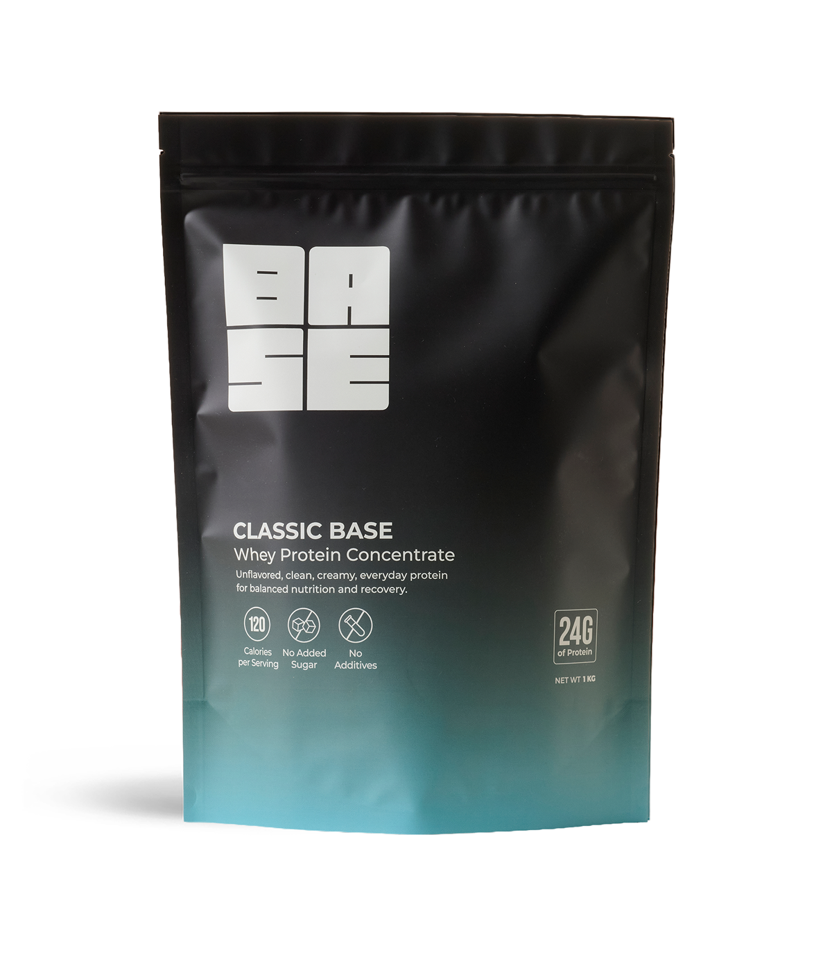 A stand-up resealable pouch of BASE Classic Base Whey Protein Concentrate. The packaging is matte black with a teal gradient at the bottom and features the BASE logo in white at the top.