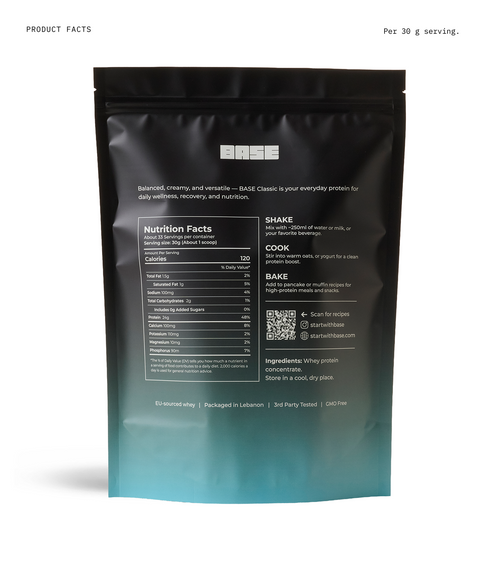 A black resealable stand-up pouch with a teal gradient at the bottom, shown from the back on a white background. The back panel contains product facts, nutrition information, usage directions, a QR code, and text including 'PROtein FACTS' and 'Pcs 30 g serving'.
