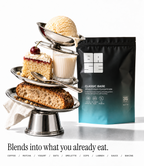 A stand-up pouch of BASE Classic Base protein powder stands beside a three-tiered silver cake stand holding dessert items, including a slice of cake, a glass of milk, a scoop of vanilla ice cream, and a loaf of bread, on a white studio background with marketing text at the bottom.