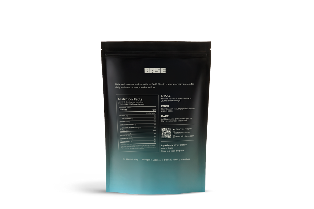 Black and blue package with nutritional information on a white background