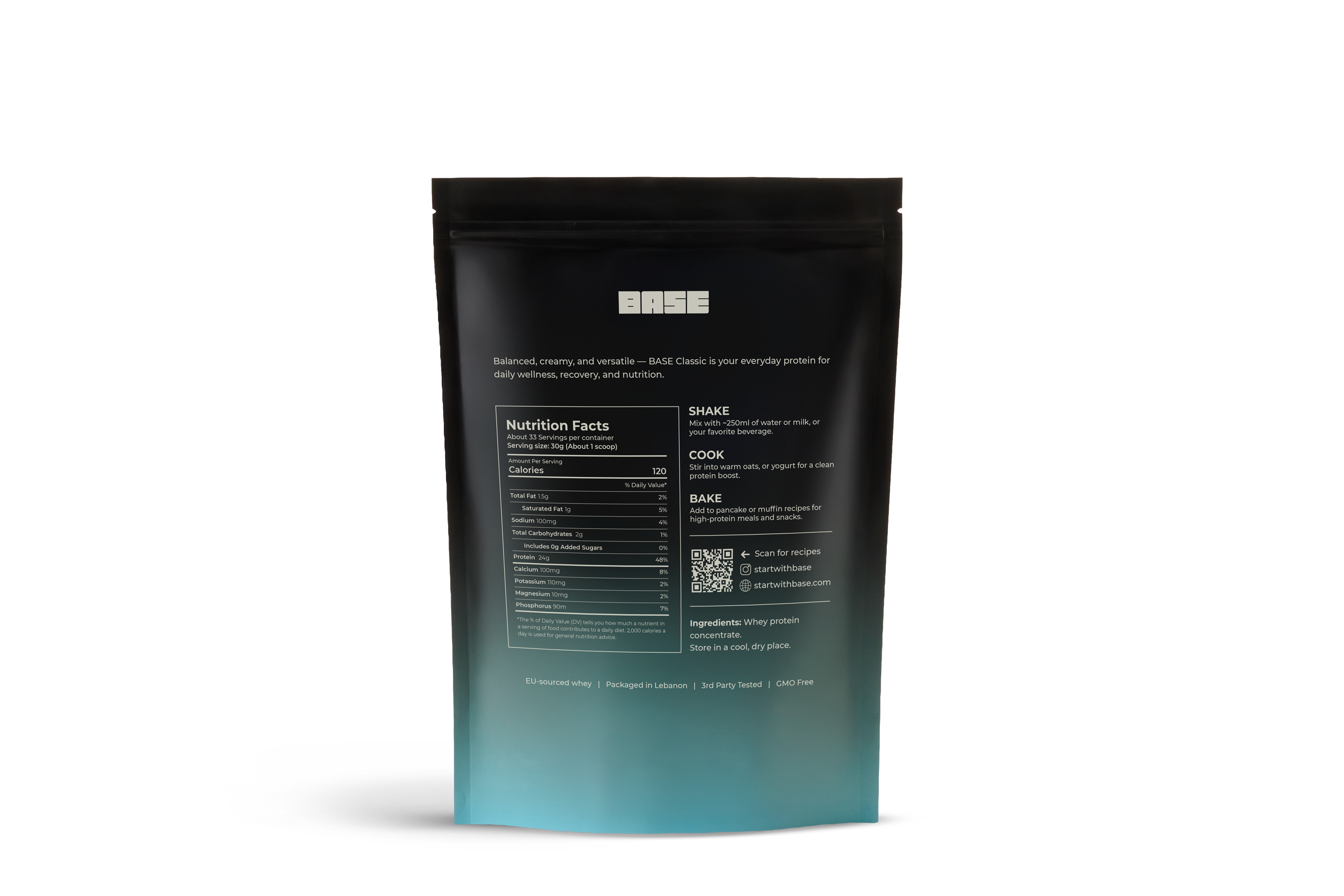 Black and blue package with nutritional information on a white background