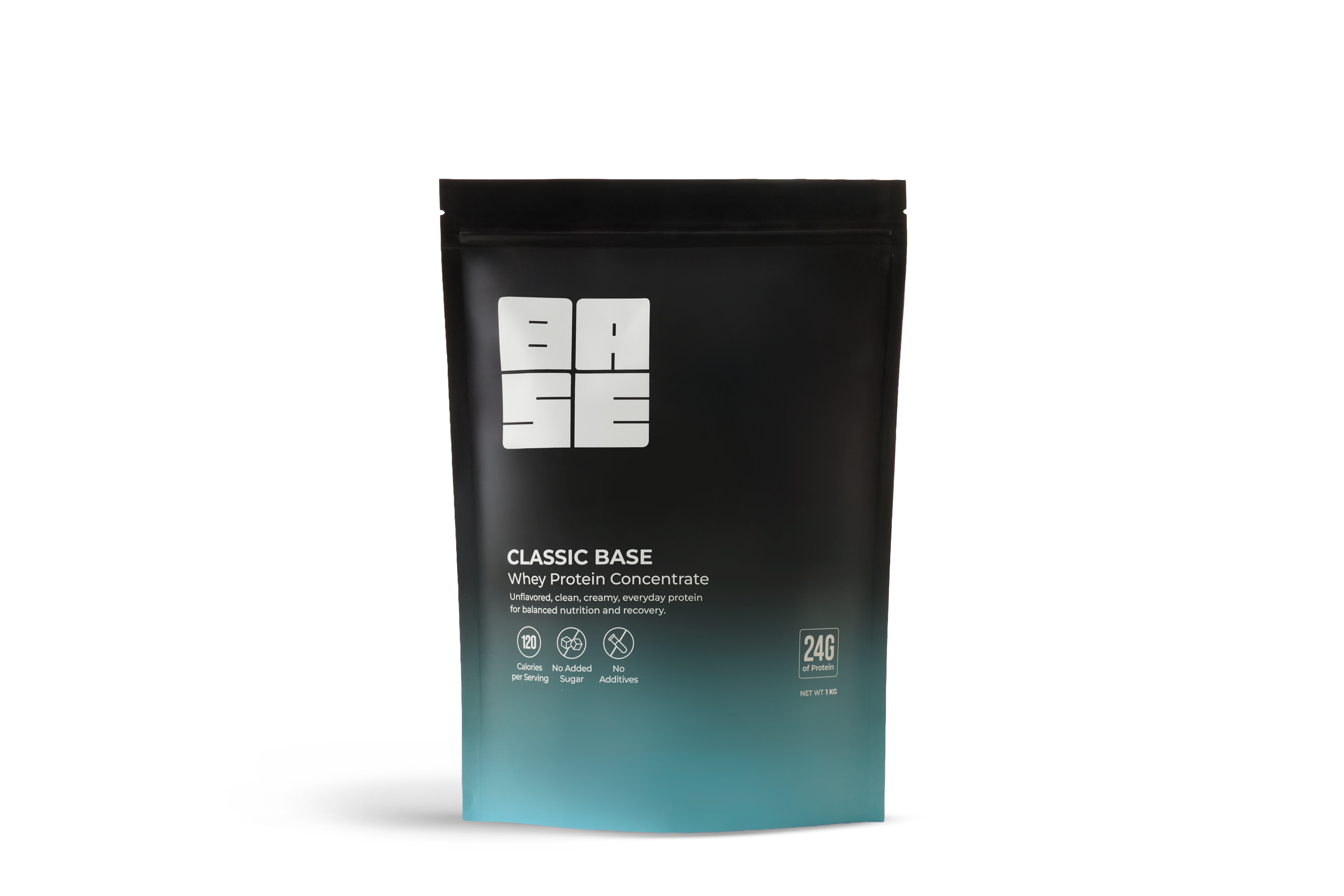 Black protein powder package with 'Base' branding on a white background