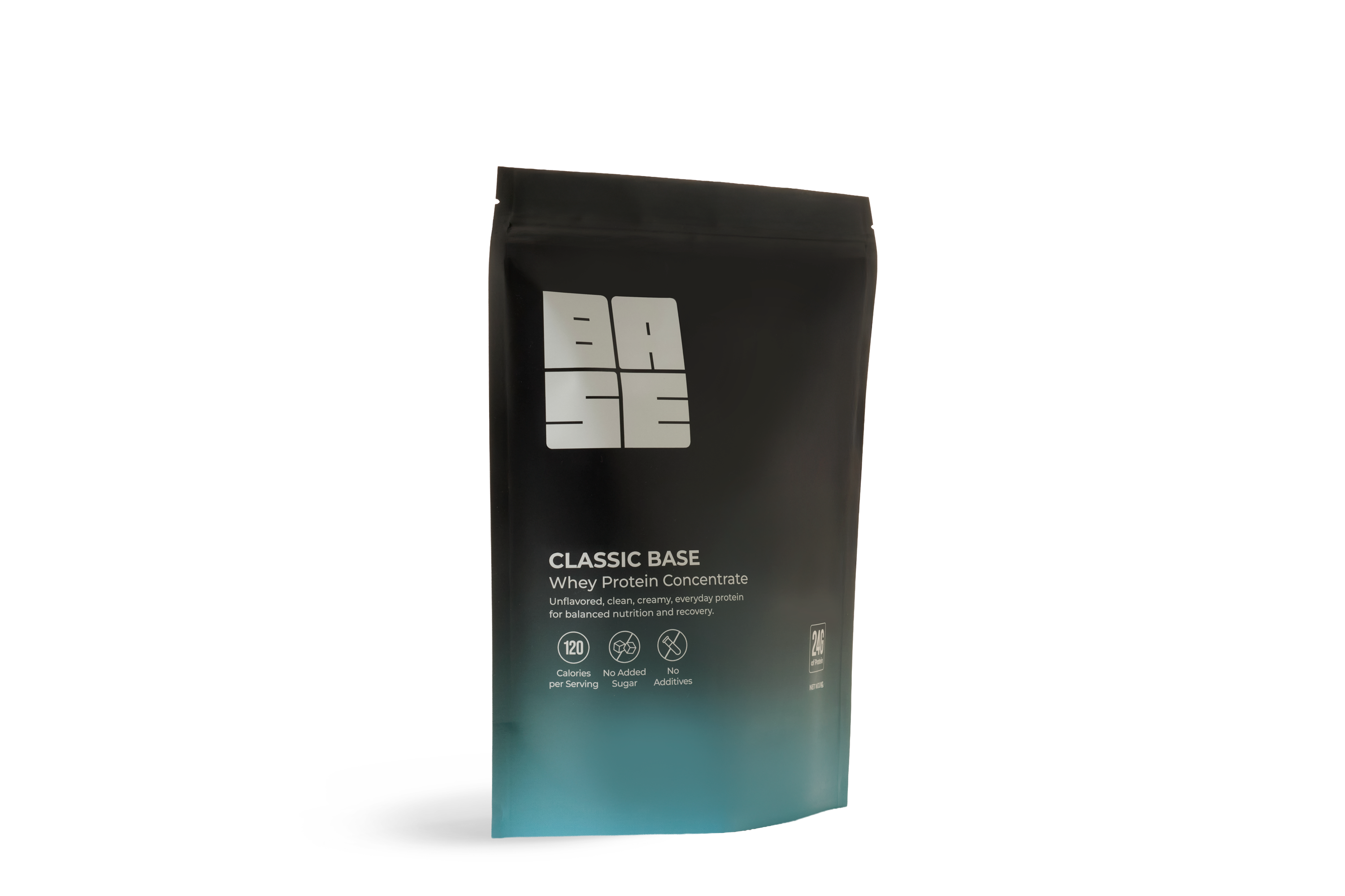 Black and blue protein powder package with 'Base' branding on a white background