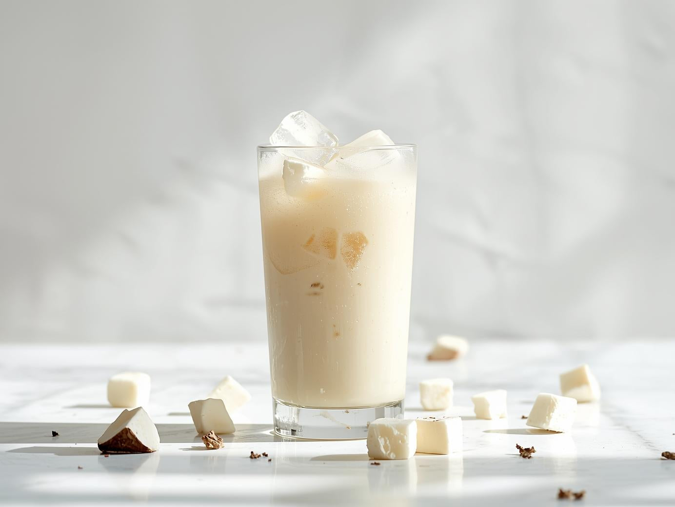 Glass of creamy white drink with ice cubes on a light gray background