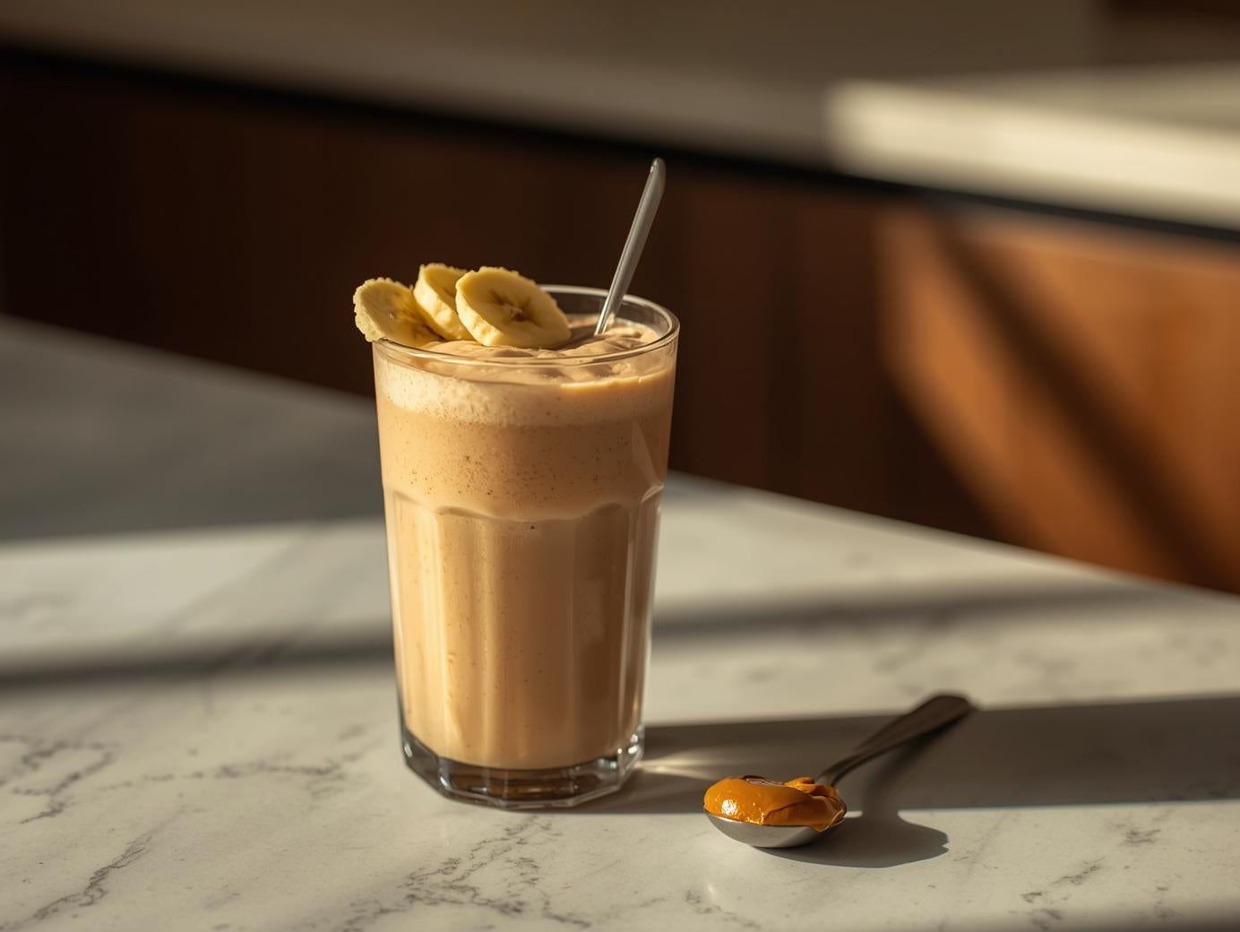 Glass of iced coffee with banana slices and a spoon on a marble surface