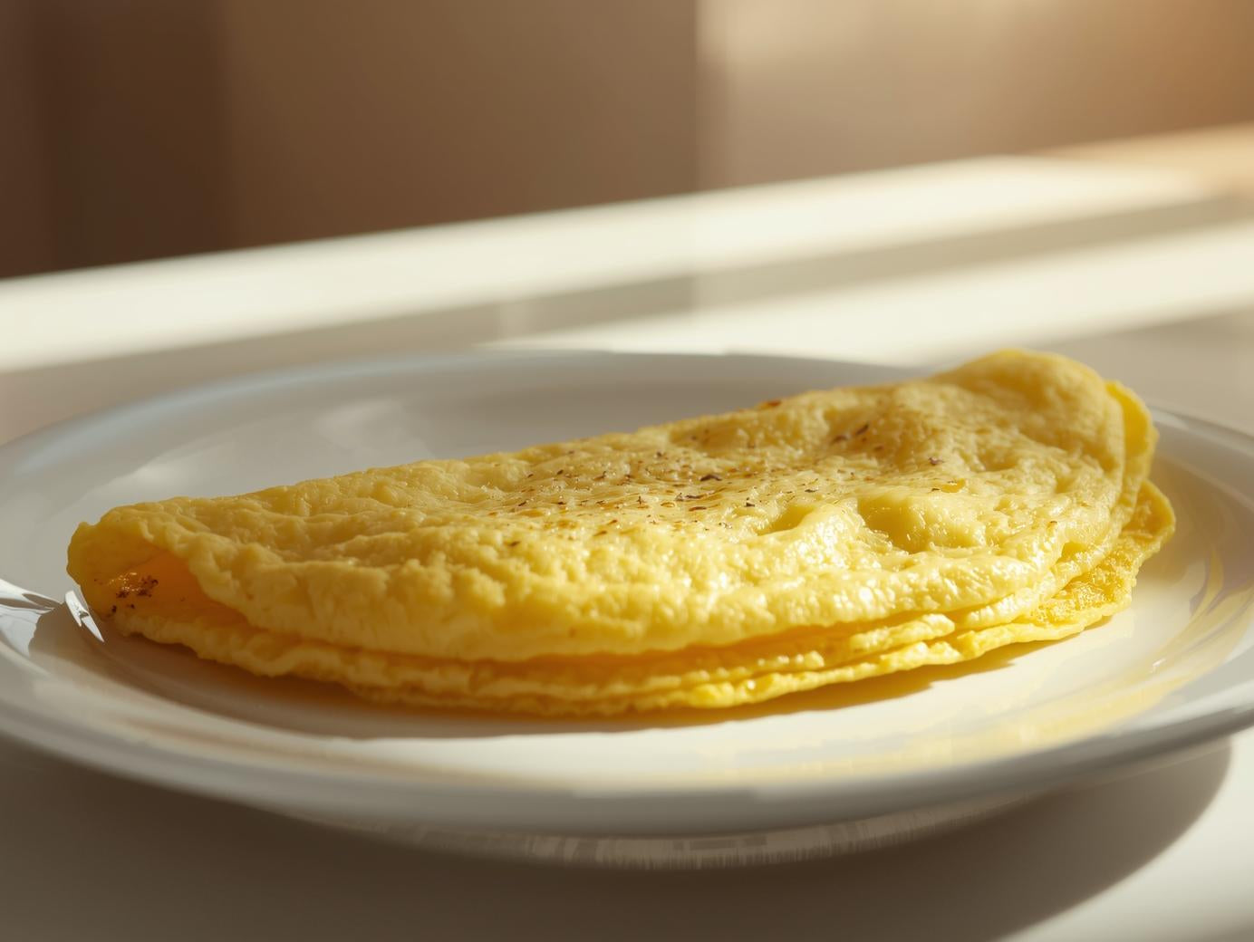 Folded omelette on a white plate with a blurred background