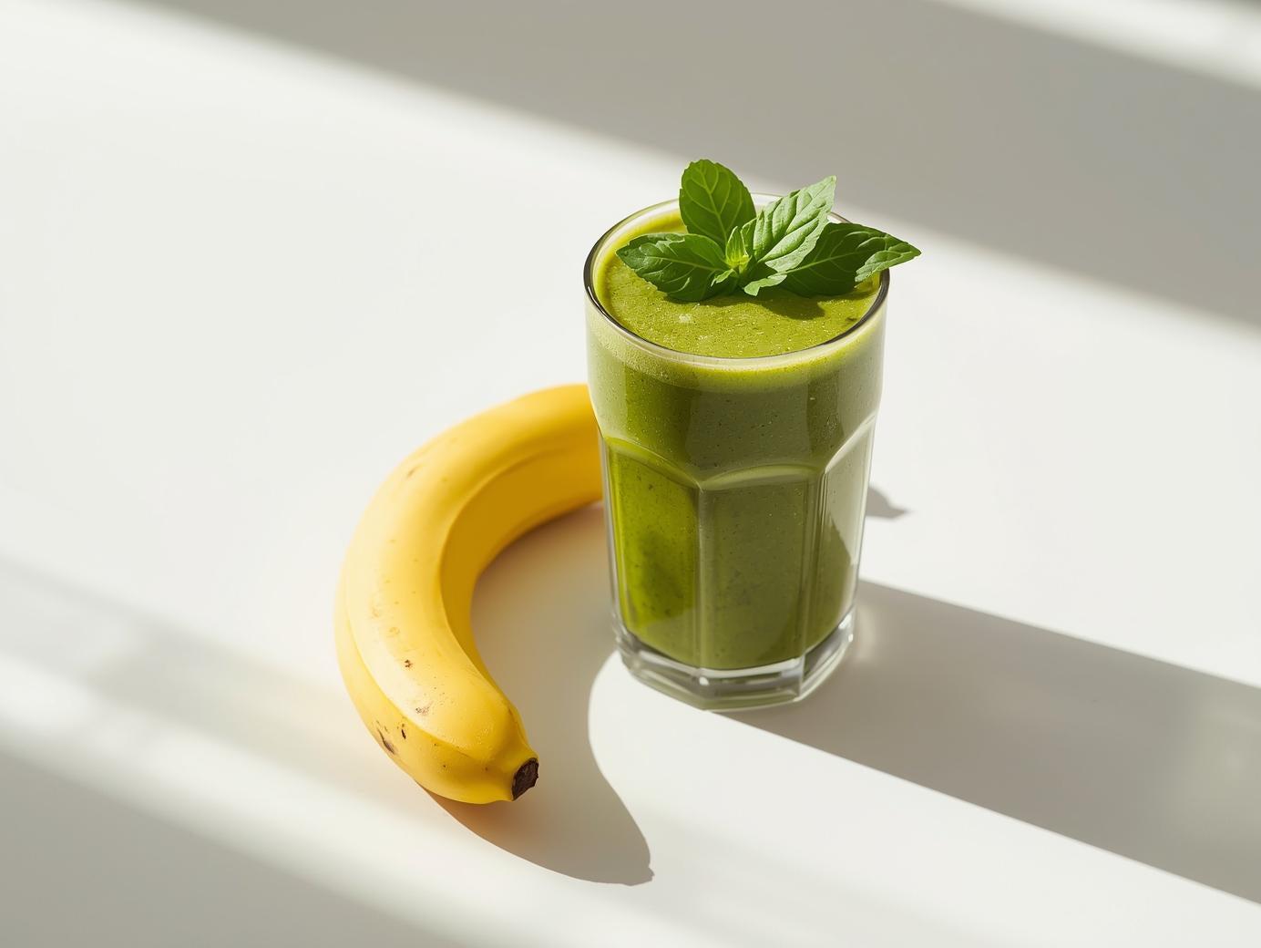 Green smoothie in a glass with a banana on a light surface