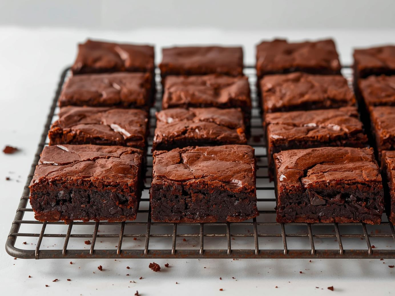 Brownies cut into squares on a cooling rack with a white background