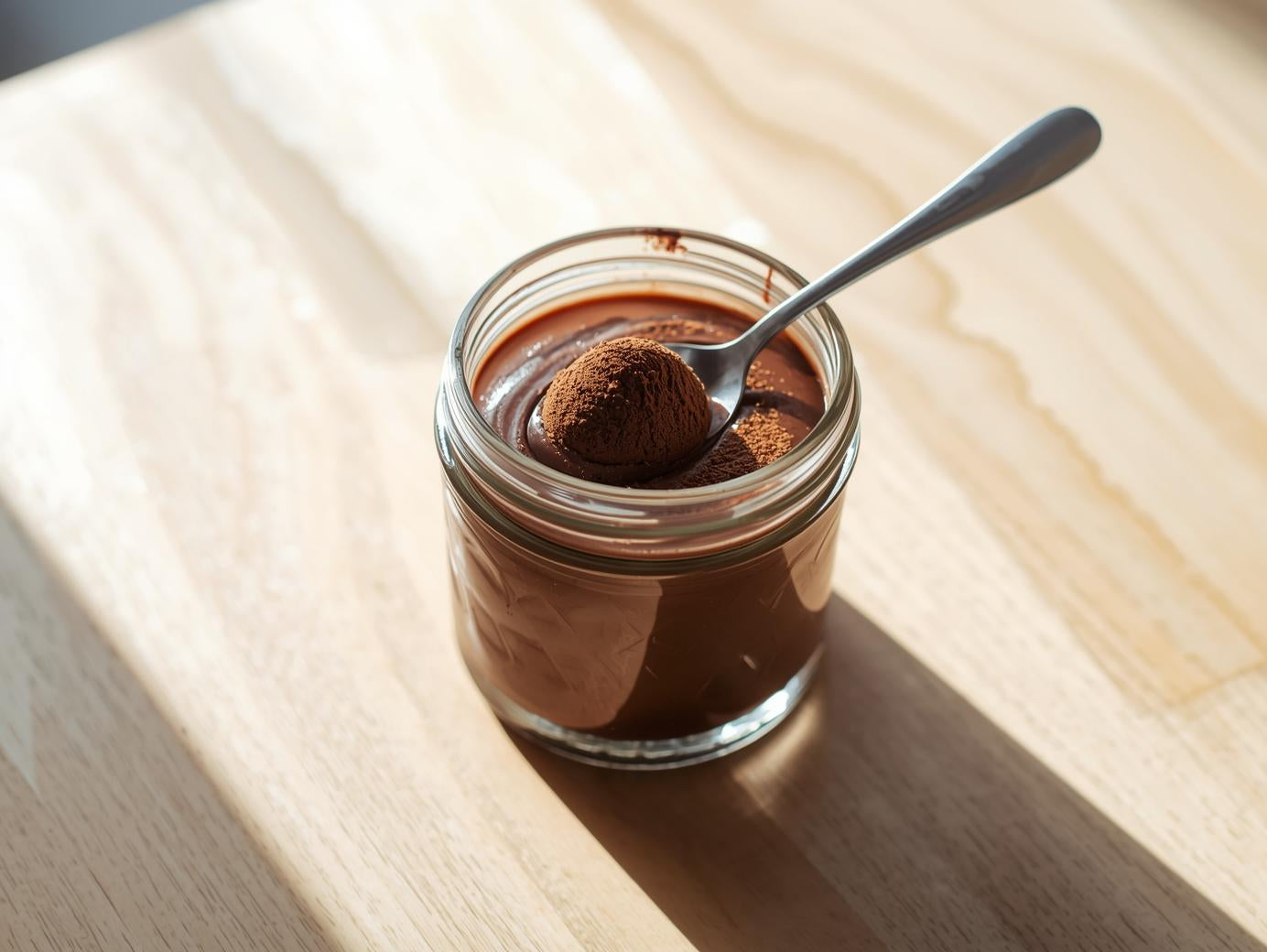 Jar of chocolate mousse with a spoon on a wooden surface