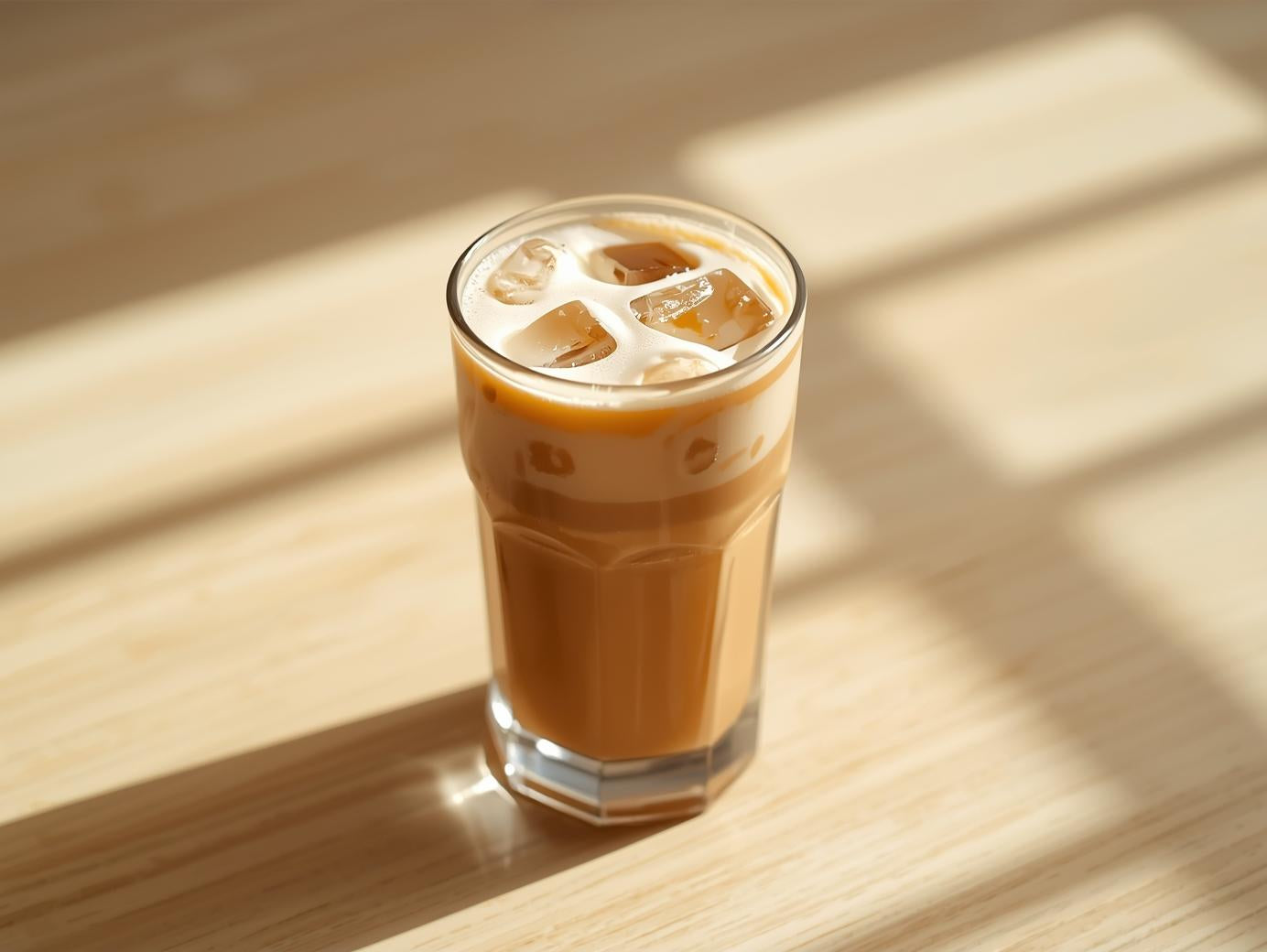 Glass of iced coffee on a wooden surface with sunlight casting shadows