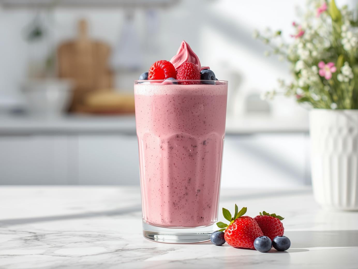 Pink smoothie with berries in a glass on a marble countertop