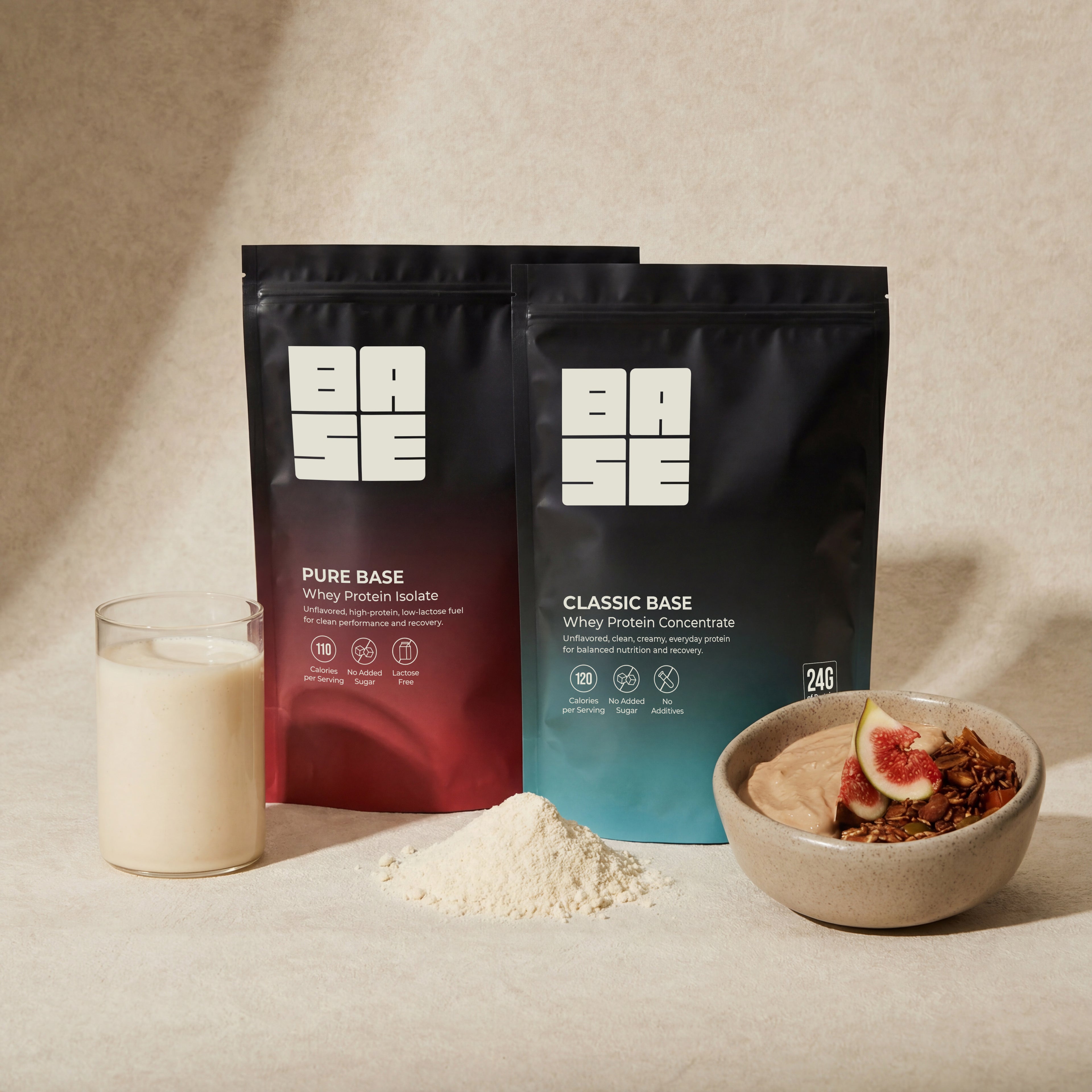 Base protein powder packages with a glass of milk, protein powder, and a bowl of granola on a beige background.