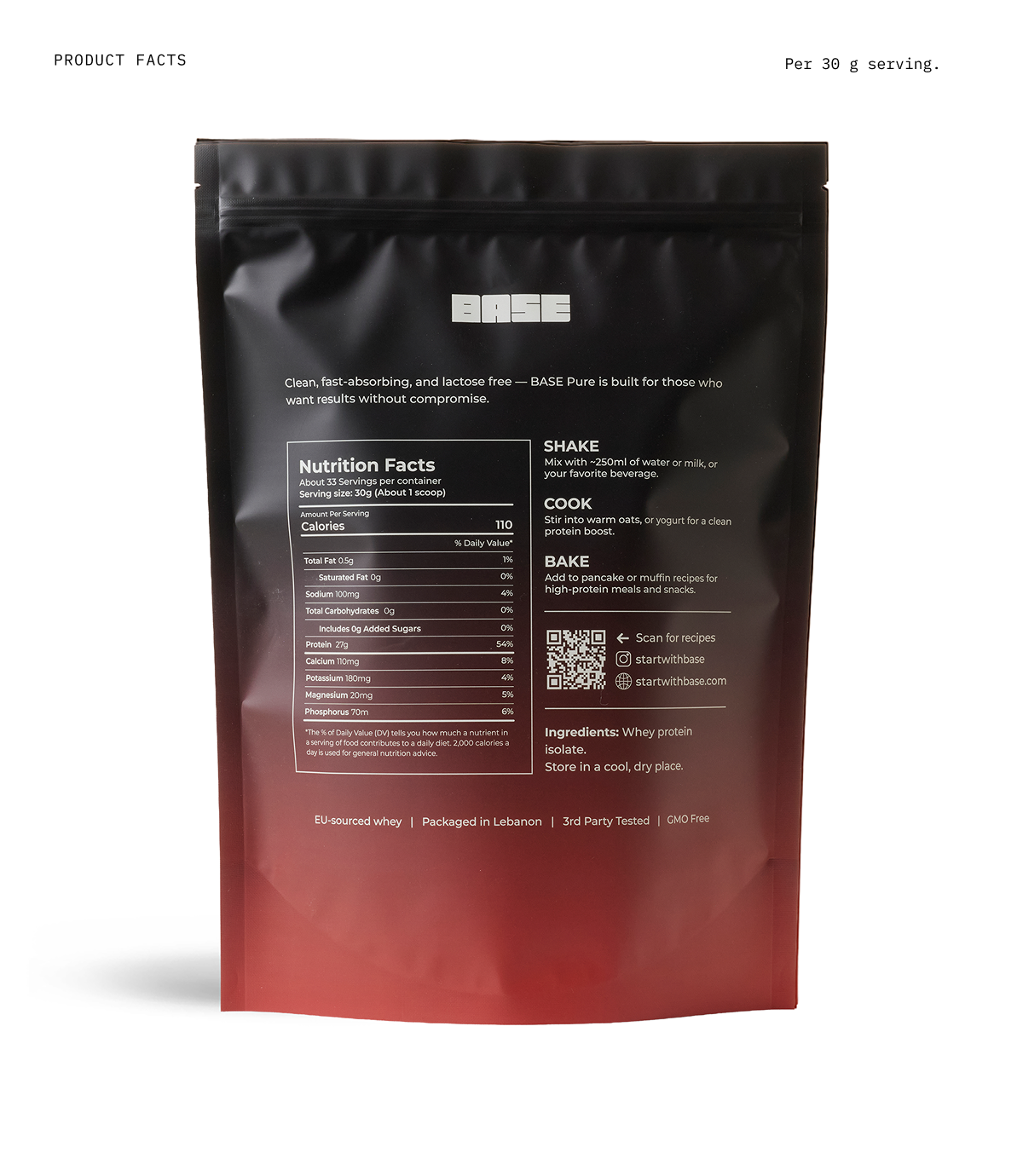 The back of a resealable stand-up pouch package shown on a white background, with product facts, nutrition label, QR code, and usage text visible. The pouch is matte black with a warm orange-to-red gradient concentrated toward the bottom.
