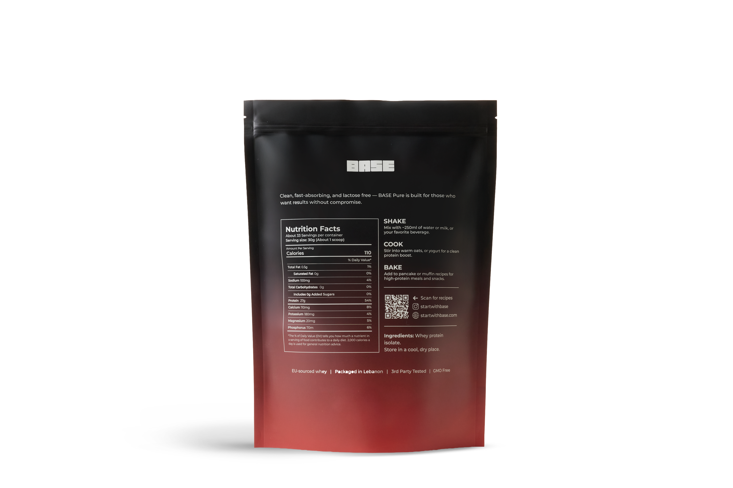 Black and red product packaging with nutritional information on a white background