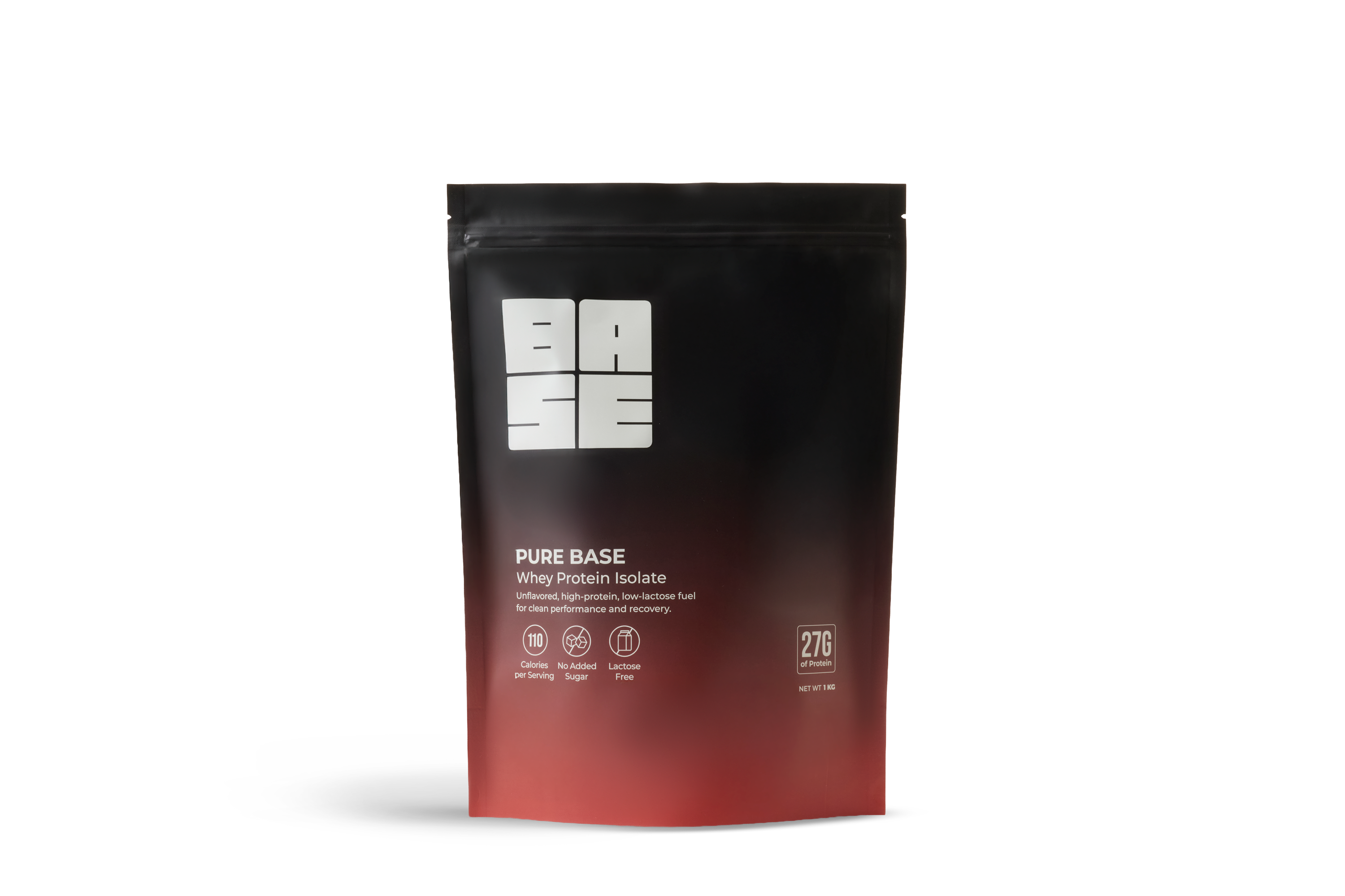 Black and red protein powder package with 'Pure Base' branding on a white background