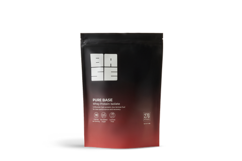 Black and red protein powder package with 'Pure Base' branding on a white background