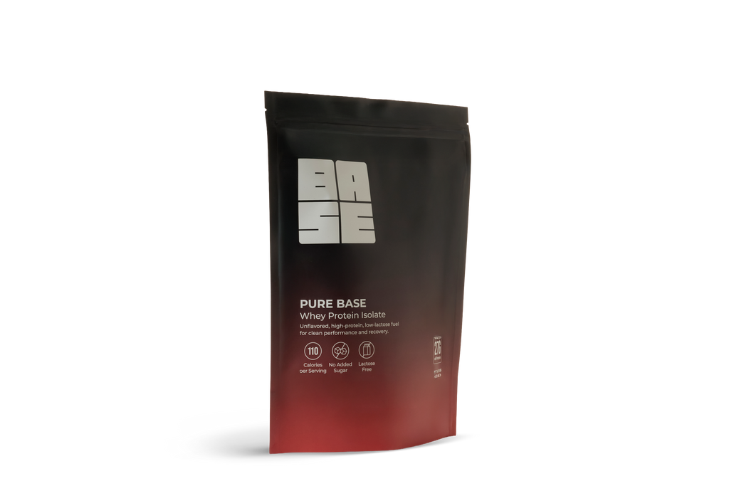 Protein powder package with 'Base' branding on a white background