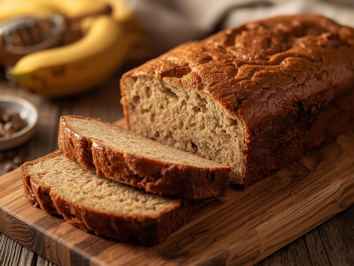 Loaf of bread with slices on a wooden cutting board, bananas in the background
