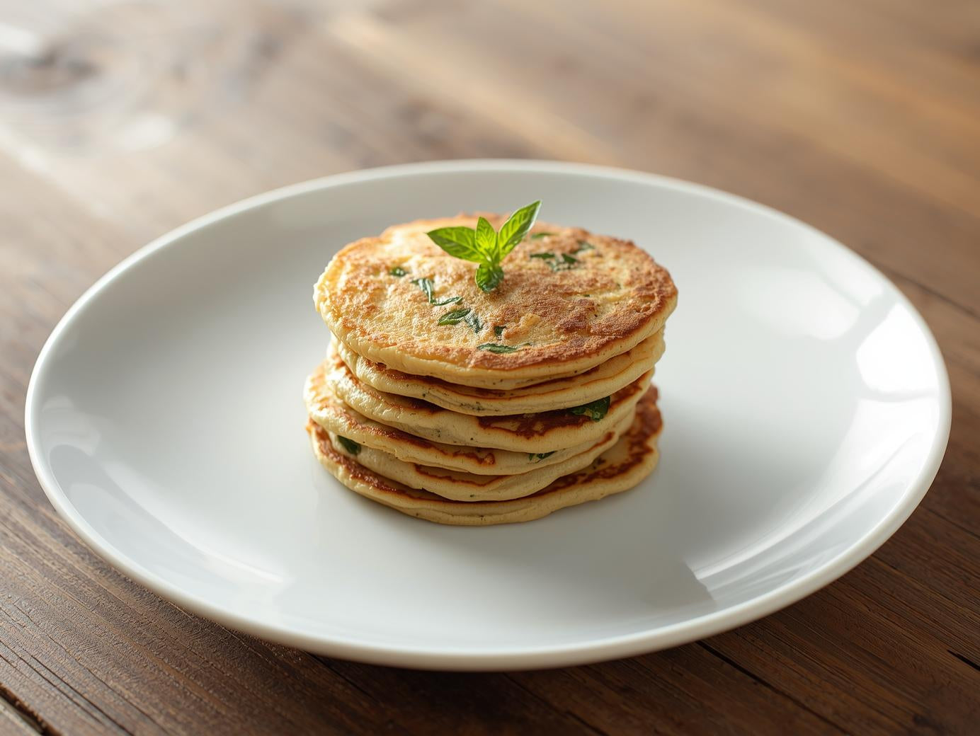 Stack of pancakes on a white plate with a wooden background