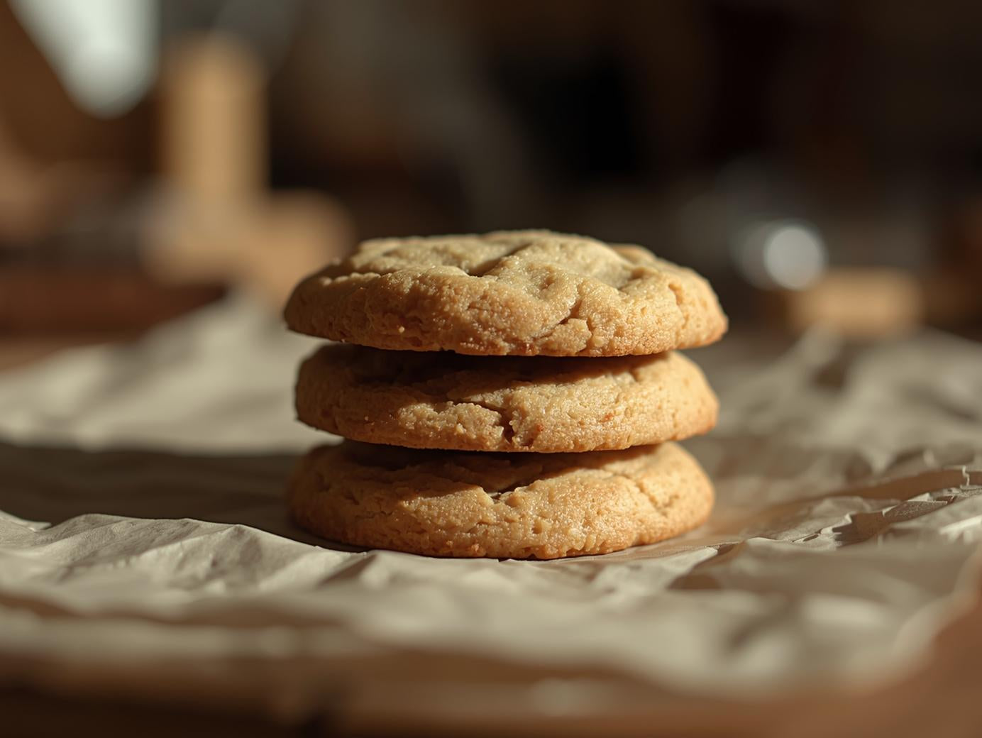 Stack of cookies on a crumpled piece of paper with a blurred background
