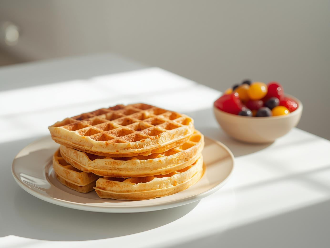 Stack of waffles on a plate with a bowl of fruit in the background